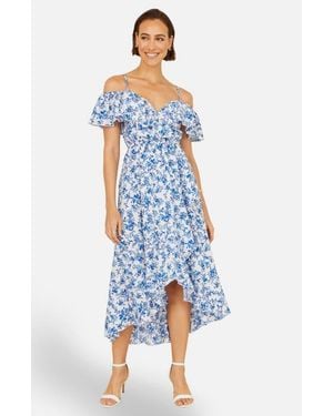 Yumi' Floral Print Bardot Midi Dress - Blue