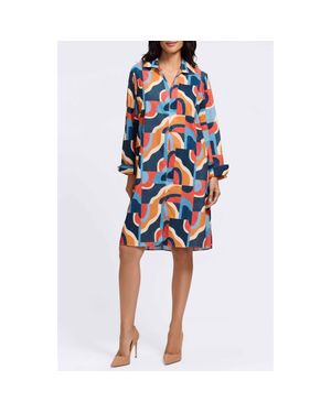Foxcroft Agnes Print Corduroy Long Sleeve Dress - Blue