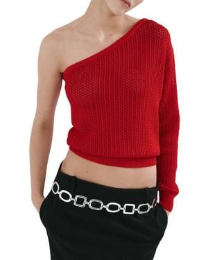 Mango Open Stitch One-Shoulder Sweater - Red
