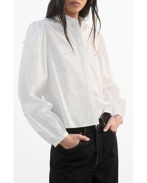 Mango Pearl Detail Puff Sleeve Button-Up Shirt - White