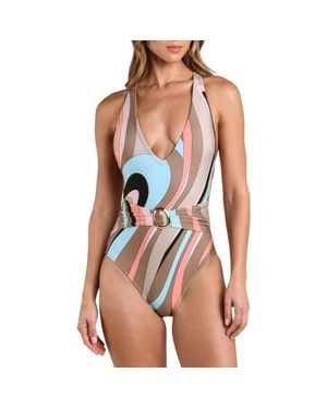 L'Agence Lisa Abstract Swirl Plunge One-Piece Swimsuit - White