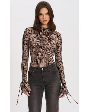 Miss Circle Ibera Animal Print Burnout Velvet Long Sleeve Bodysuit - Brown