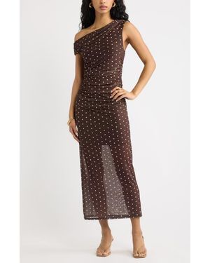Open Edit Off The Shoulder Mesh Midi Dress - Brown