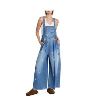 Billy T Oooh La La Embroidered Wide Leg Denim Overalls - Blue
