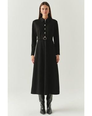 Exquise Georgina Shirt Collar Long Sleeve Knit Dress With Pockets - Black