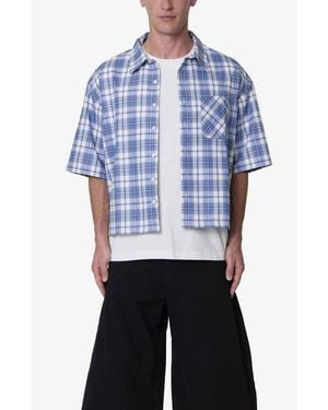 MNML Plaid Crop Short Sleeve Cotton Flannel Button-Up Shirt - Blue