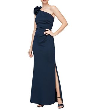 Sl Fashions Floral Detail One-Shoulder Gown - Blue