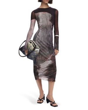 Desigual Abstract Print Long Sleeve Mesh Midi Dress - Brown