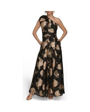 Donna Karan One-Shoulder Metallic Jacquard Gown - Black
