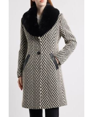 Via Spiga Herringbone Coat With Faux Fur Collar - Gray