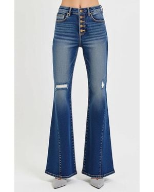Modenaire High Rise Flare Jeans With Button Fly And Distressed Detail - Blue