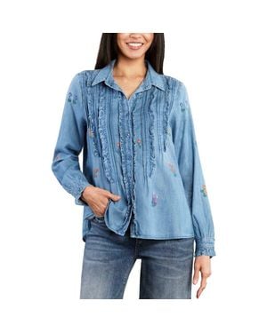 Billy T Garden Embroidered Ruffle Pintuck Shirt - Blue