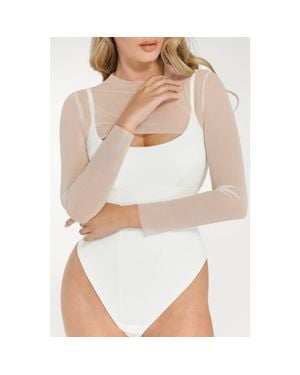 Popilush Sheer Shapewear Mesh Cutout Corset Bodysuit 2-Piece Set - White