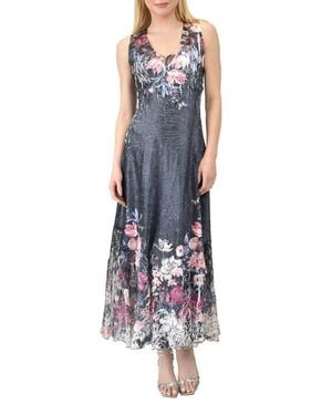 Komarov Floral Long Dress With Lace Up Back Detail - Blue