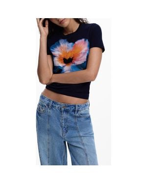 Desigual Embroidered Pansy Cotton Graphic T-Shirt - Blue