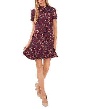 Cece Godet Floral Tie Neck Cap Sleeve Shift Dress - Red