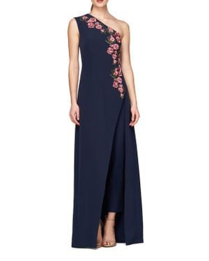Kay Unger Nadine Floral Embroidered One-Shoulder Jumpsuit - Blue