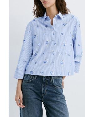 Mango Embroidered Stripe Button-Up Shirt - Blue