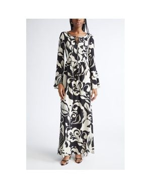 St. John Harlow Leaf Print Long Sleeve Silk Maxi Dress - White