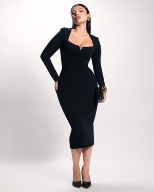 TA3 Mega Sculpting Notch Neck Long Sleeve Midi Dress - Blue