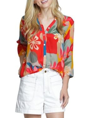 Apny Mixed Stripe Mandarin Collar Button-Up Shirt - Red