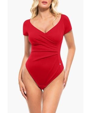 Popilush Shapewear Portrait Neckline Draped Sculpting Bodysuit - Red