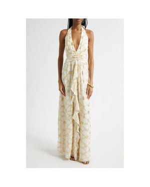 Ramy Brook Stephanie Metallic Daisy Print Halter Gown - Natural