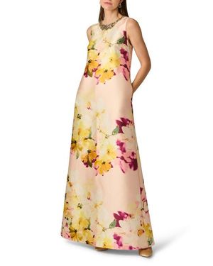 Aidan Mattox Beaded Print Mikado Gown - White