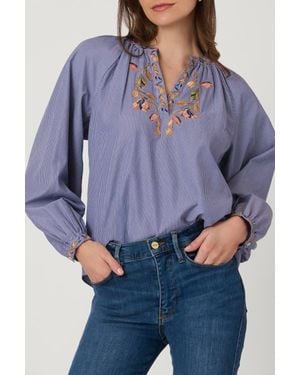 Shoshanna Embroidered Pinstripe Amber Top - Blue