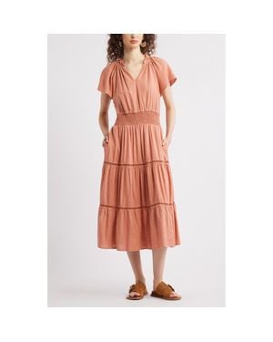 Treasure & Bond Ladder Stitch Accent Linen Blend Tiered Minidress - Orange