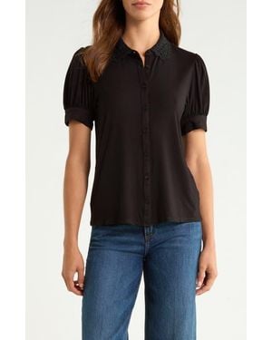 Cece Scalloped Lace Collar Short Sleeve Shirt - Black