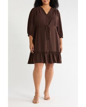 Cece Ruffle Trim Button-Up Dress - Brown