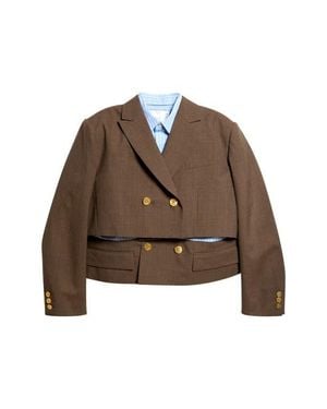 Sacai Mixed Media Wool Suiting & Stripe Cotton Blend Poplin Jacket - Brown