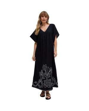 Raffya Candy Tabard Embroidered Hem Midi Dress - Black