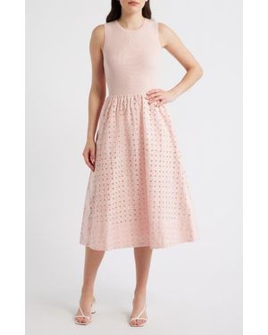 Tahari Emma Sleeveless Rib & Broderie Anglaise Dress - Pink