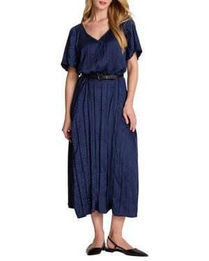 NIC+ZOE Bella Belted Crushed Satin Midi Dress - Blue