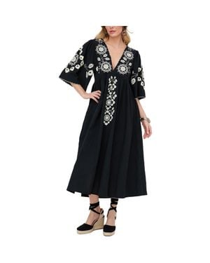Raffya Arianna V- Neck Embroidered Maxi Dress - Black