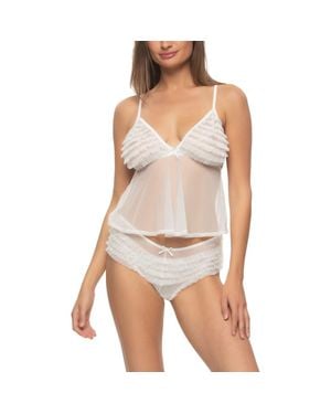 Black Bow Veil Ruffle Mesh Camisole & Briefs Set - White