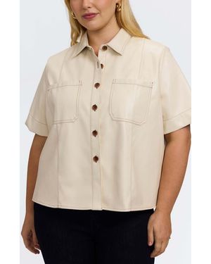 Foxcroft Demi Elbow Sleeve Faux Leather Button-Up Shirt - Natural