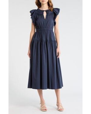 Moon River Flutter Sleeve Midi Dress - Blue