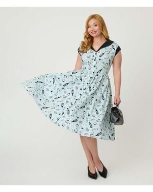 Unique Vintage Cafe Swing Dress - Blue