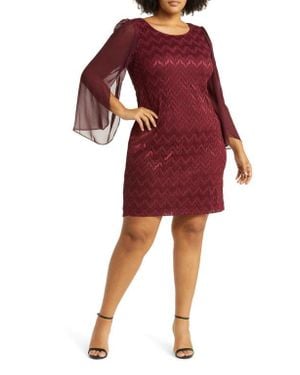 Connected Apparel Chevron Long Sleeve Lace & Chiffon Dress - Red