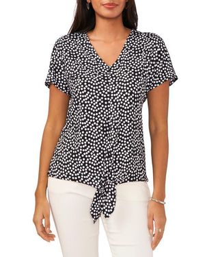 Chaus Polka Dot V-Neck Tie Front Top - Black
