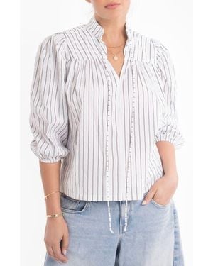 ocean + main Mini Stripe Cotton Tie Neck 3/4 Sleeve Top - White