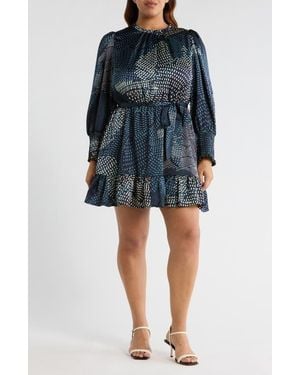 Sugarlips Kirby Geometric Sevilla Satin Long Sleeve Dress - Blue
