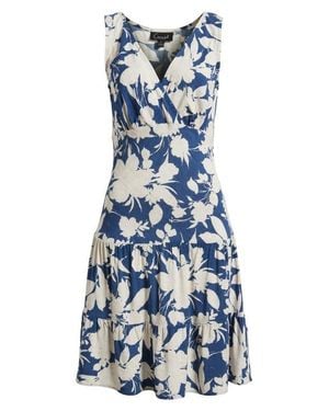 Connected Apparel Print Wrap Front Flare Dress - Blue