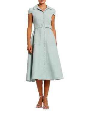 Mac Duggal Belted Boucle Cap Sleeve Button Up Midi Dress - Blue
