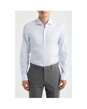 1863 by Eterna Slim Fit Stripe Non-Iron Cotton & Linen Dress Shirt - Blue