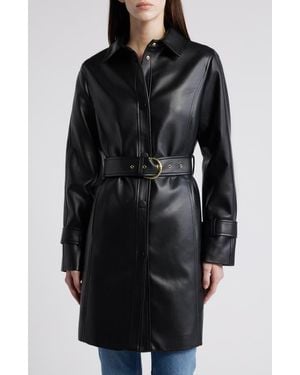 Via Spiga Tie Belt Snap Front Faux Leather Jacket - Black