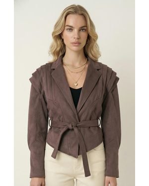 Modenaire Structured Belted Pleated Shoulder Jacket - Brown